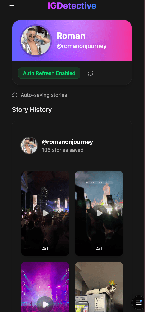 IGDetective Story Archive view on iPhone — 106 stories saved for the tracked account, preserved past Instagram's 24-hour expiry
