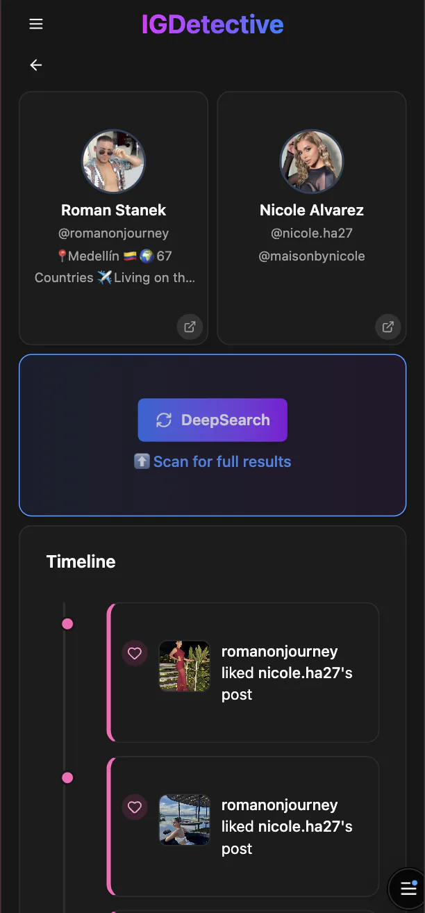 IGDetective DeepSearch connection-detail view on iPhone — two profile avatars at top, a DeepSearch button, and a chronological timeline of cross-account interactions